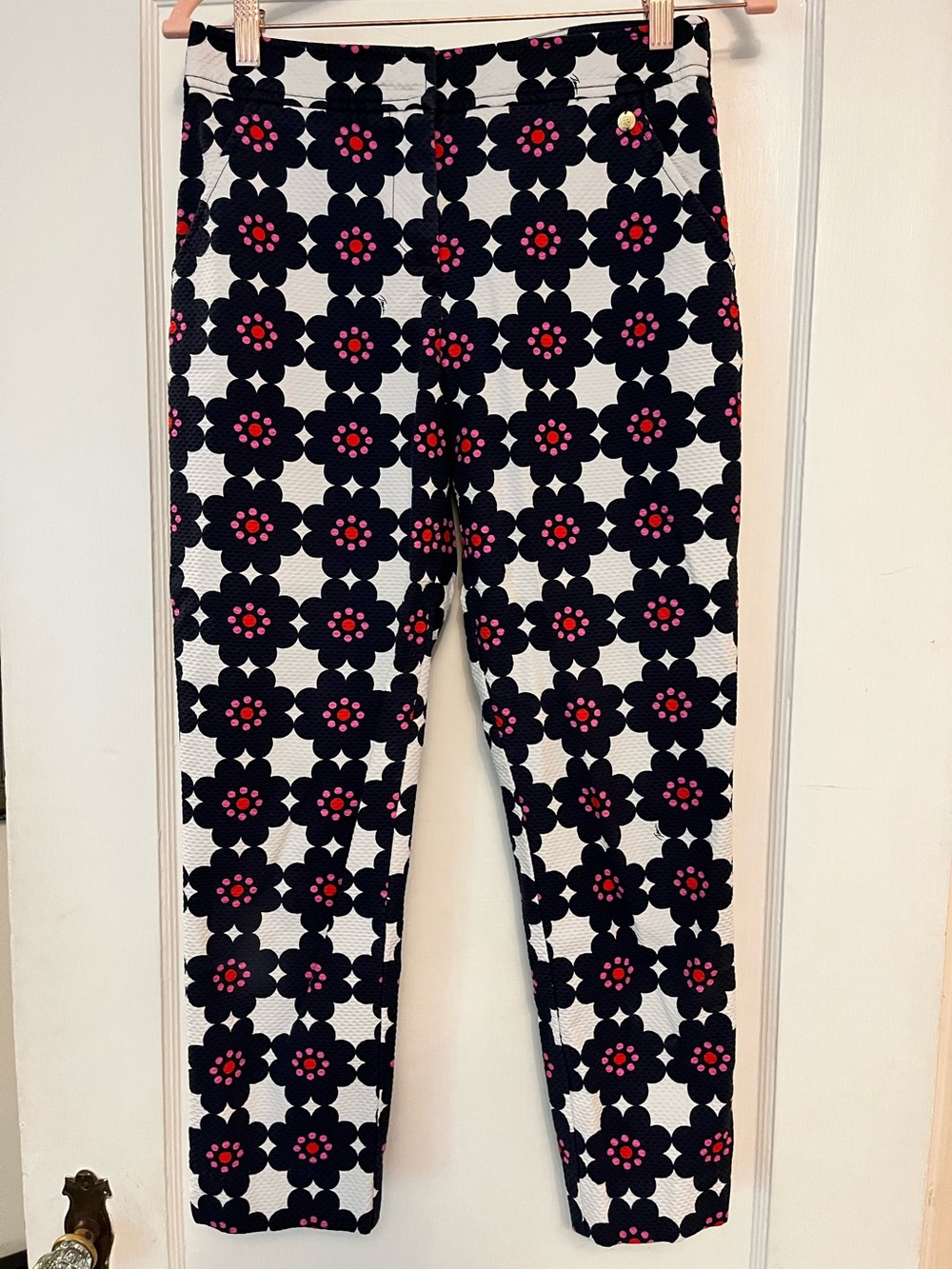 Trina Turk Navy & White Floral Print Cropped Pants with Pink Accents